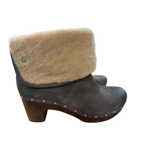 UGG Lynnea Gray Nubuck Leather Shearling Lined Wood Heel Boots Women's 5 Winter - Picture 2 of 5